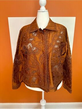 Coldwater Creek 100% Silk Embroidered Cutout Jacket Bronze Copper Size 1X